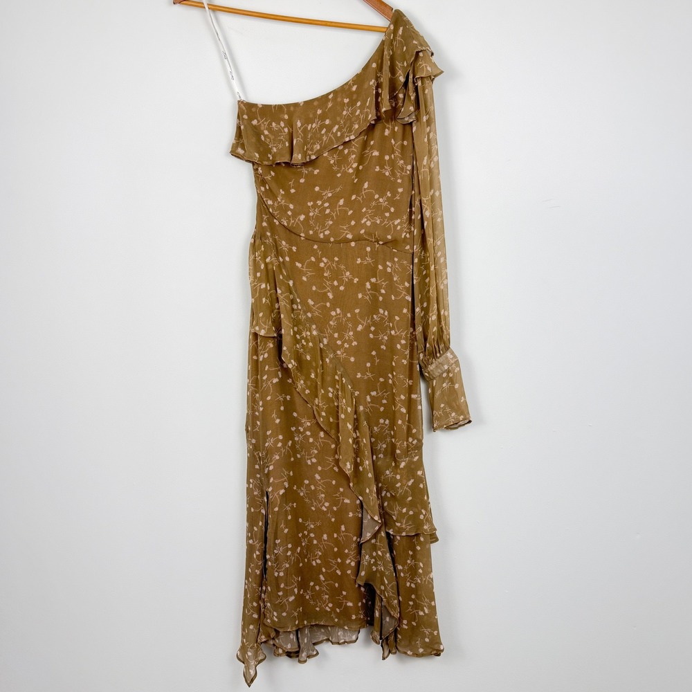 Rahi Cali One Shoulder Floral Ruffle Maxi Dress Women Small Tan Wedding Feminine - Picture 2 of 8
